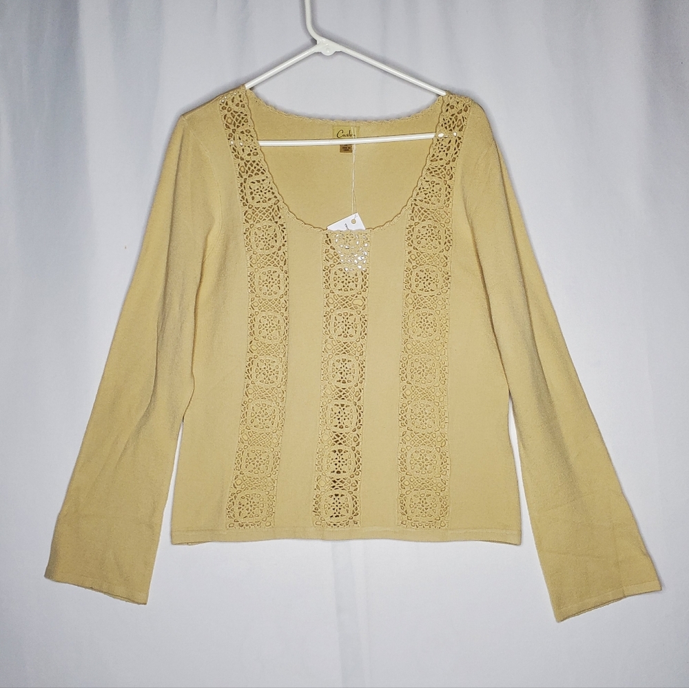 Caslon Crochet Knit Top XL Beige Sheer Stretch Flare Sleeve Fairycore Grunge Y2K